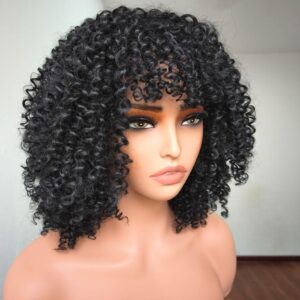 12-Inch Short Curly Wig for Black Women – Natural Black Afro Bomb Curly Wig with Bangs, Soft & Lightweight Synthetic Fiber, Glueless Kinky Curly Hair