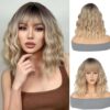 14-Inch Ombre Blonde Wig with Bangs, Short Bob Wavy Synthetic Wig for Women, Loose Curly Shoulder-Length Wig