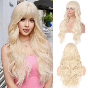 28 Inch Blonde Wig with Bangs for Women, Long Wavy Curly Blonde Synthetic Wig, Heat-Resistant Wig for Girls, Perfect for Daily Use, Parties, Halloween