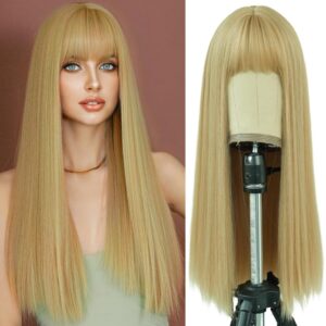 Blonde Wig with Bangs for Women, Long Straight Synthetic Wig for Girls, Emo Cosplay & Daily Use