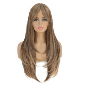 SWACC Long Layered Straight Wig with Bangs, Synthetic Hair, for Women, includes a Wig Cap